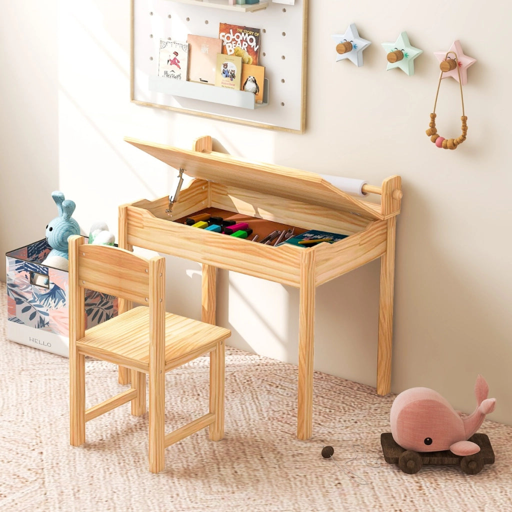 Tavolo multi attivit¨¤ per bambini con sedia, Tavolo per arte e mestieri con porta rotolo di carta rotolo di carta Naturale-Tavoli e sedie