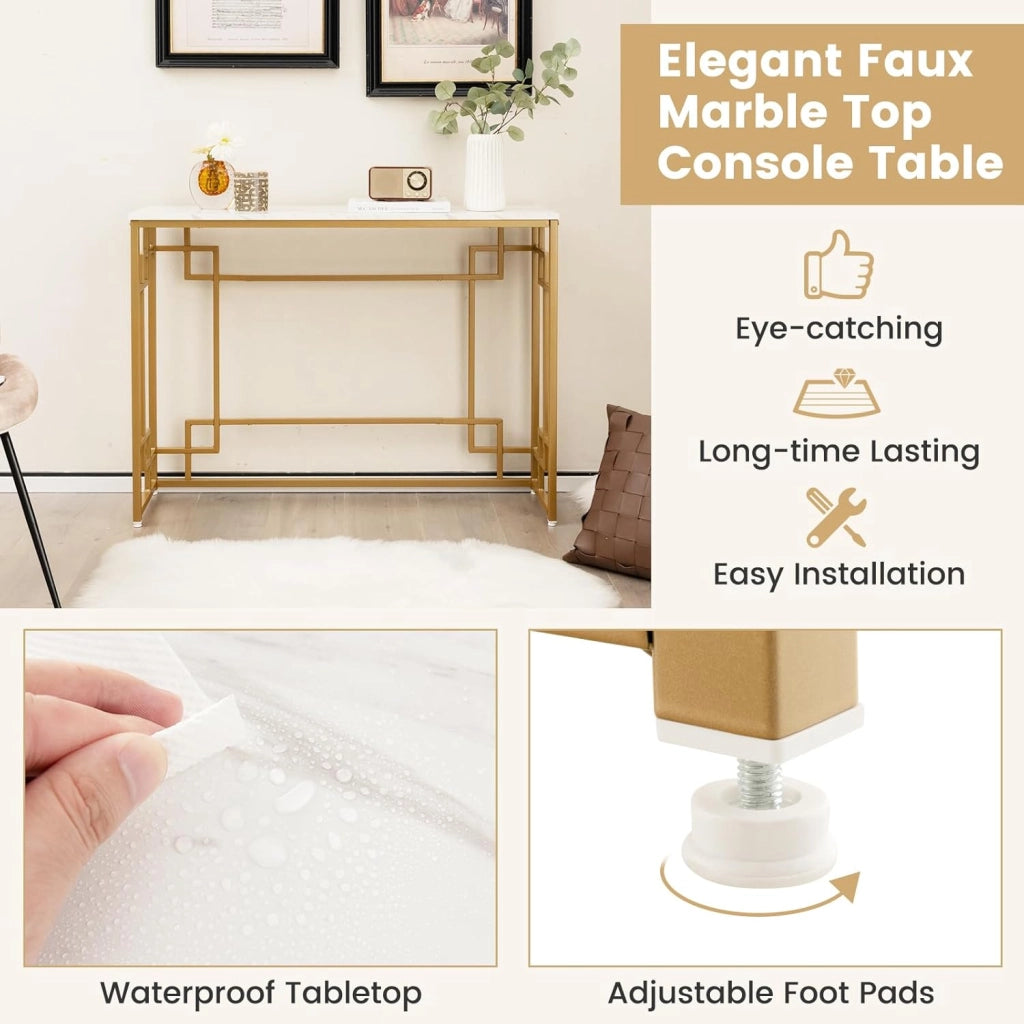 Tavolo Consolle Stretto di Ingresso Moderno con Base Dorata e Piano in Marmo Imitazione con Dispositivo Antiribaltamento per Soggiorno, Ingresso, Corridoio, Bianco e Oro, 110 x 30 x 81 cm