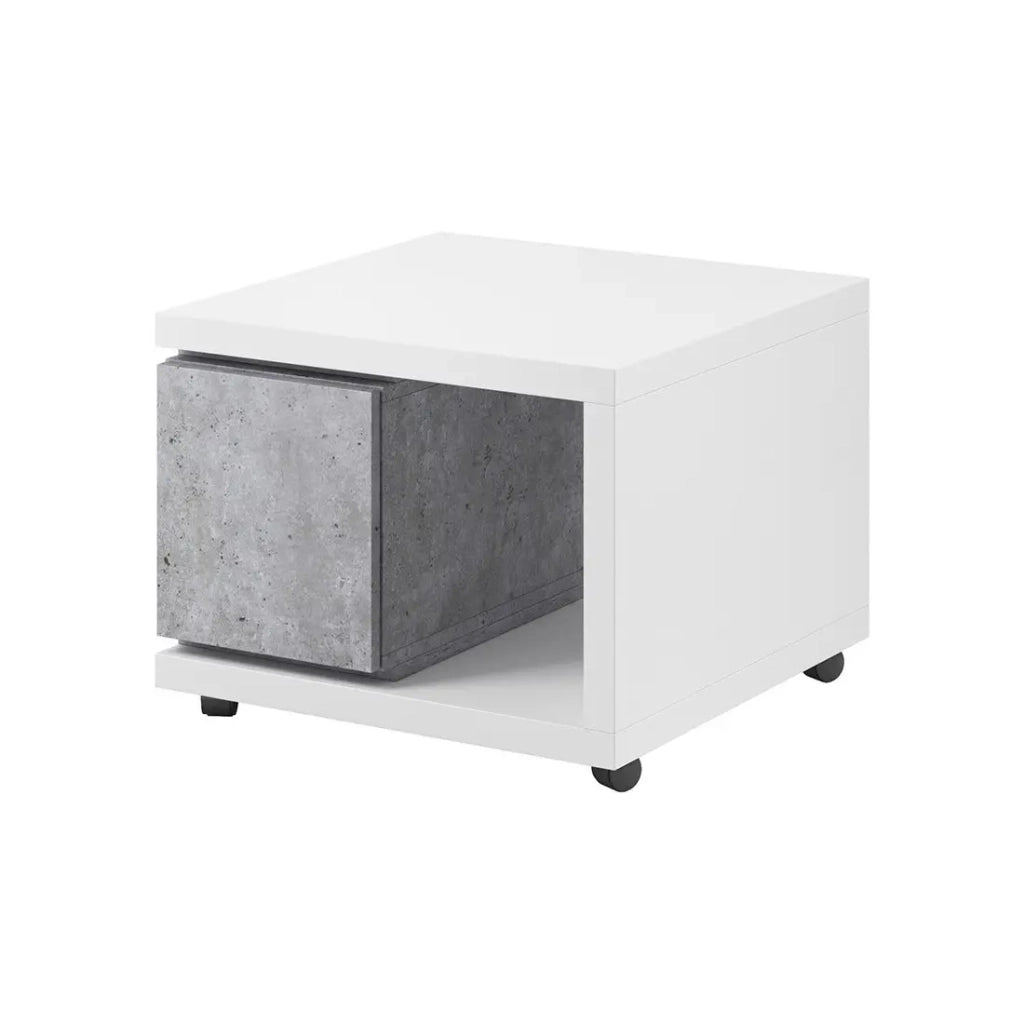 Tavolino con cassetto collezione BERGAMO. 70x70 cm. Colori bianco e grigio.
