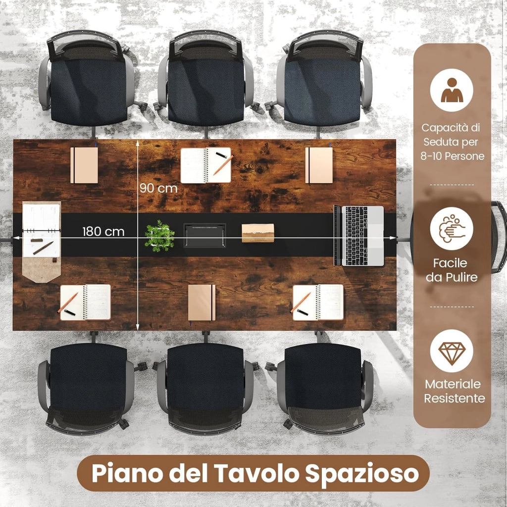 Tavolo da Conferenza 180 x 90 cm, Tavolo Rettangolare Grande per Riunioni per 8-10 Persone con Passacavi per Ufficio e Sala Riunioni
