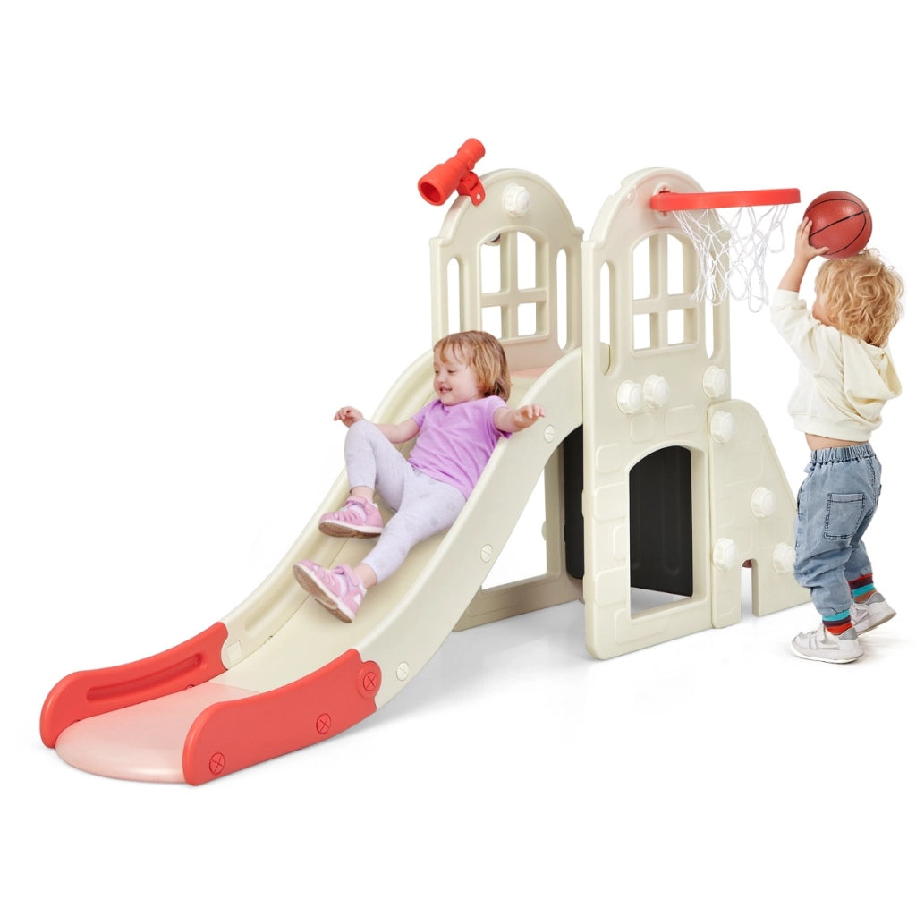 Scivolo grande per bambini 6 in 1 con canestro palla lancio dell'anello e cannocchiale, Set da gioco Rosa