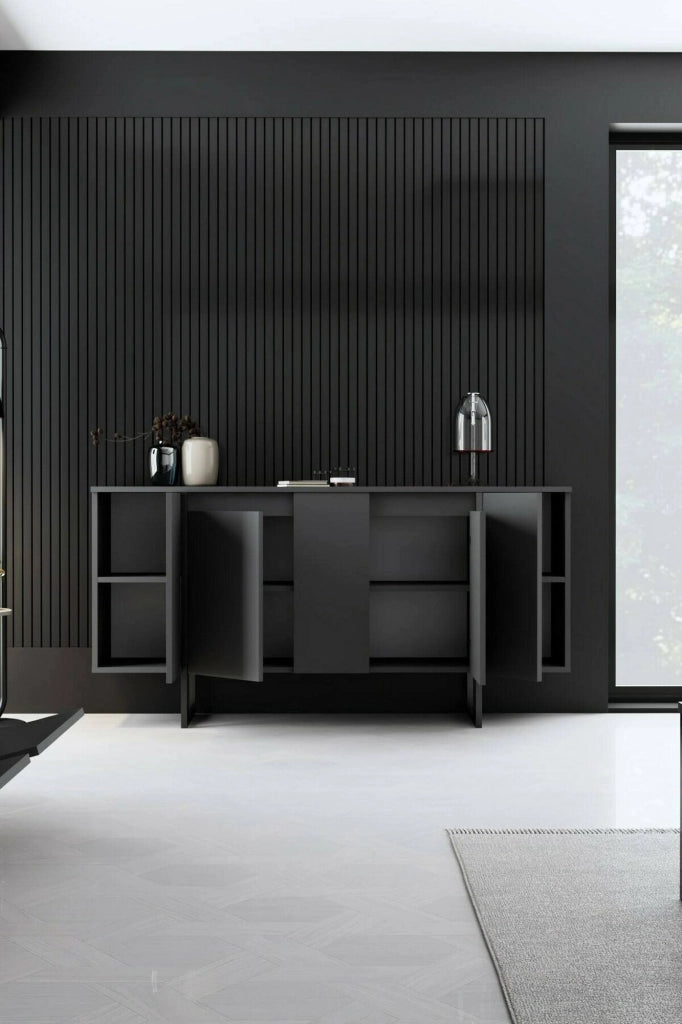 Credenza Arta, Buffet da soggiorno, Madia da salotto, Dispensa da cucina, 160x35h80 cm, Antracite e Nero