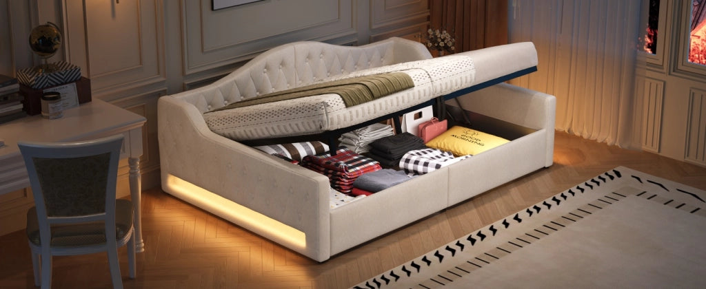 DESMIU Letto divano 140 × 200 cm 2 posti con contenitore, LED, senza materasso, beige