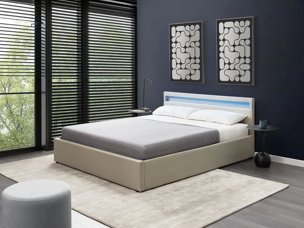 Letto matrimoniale in tessuto beige con LED 160 x 200 cm con contenitore elegante semplice