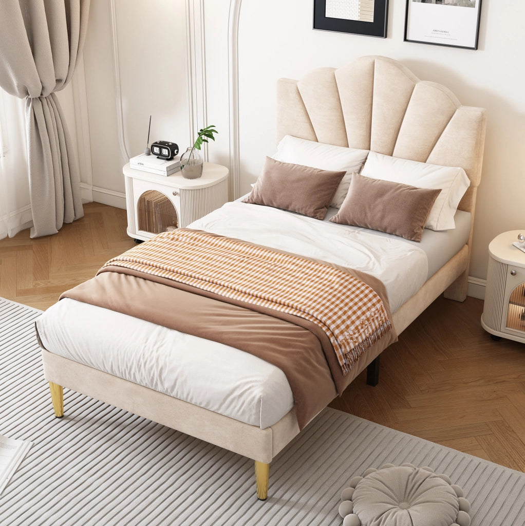 Letto imbottito in velluto beige 90x200 cm con testiera regolabile e rete a doghe