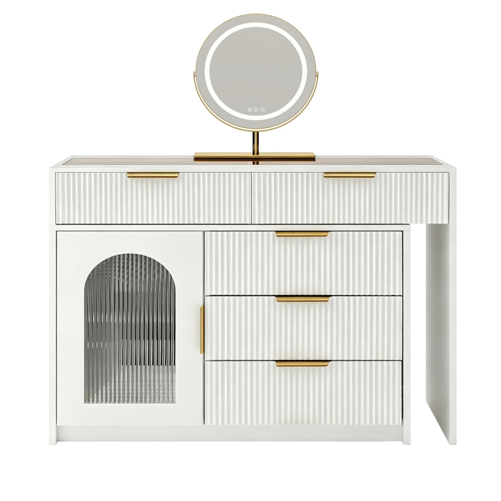 Toeletta con piano estraibile; specchio LED; cassetti e vani con fronti a rilievo; per camera da letto; bianca