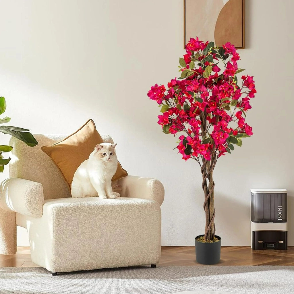 Albero artificiale di bougainvillea alto 120 cm, Pianta verde finta in vaso con 360 fiori e 40 foglie, Rosa 2 Confezione-Piante artificiali