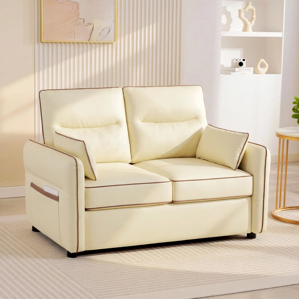 Divano 2 Posti in Finta Pelle con Imbottitura Spessa, Tasca Laterale e 2 Cuscini, 136x81x90 cm, Beige