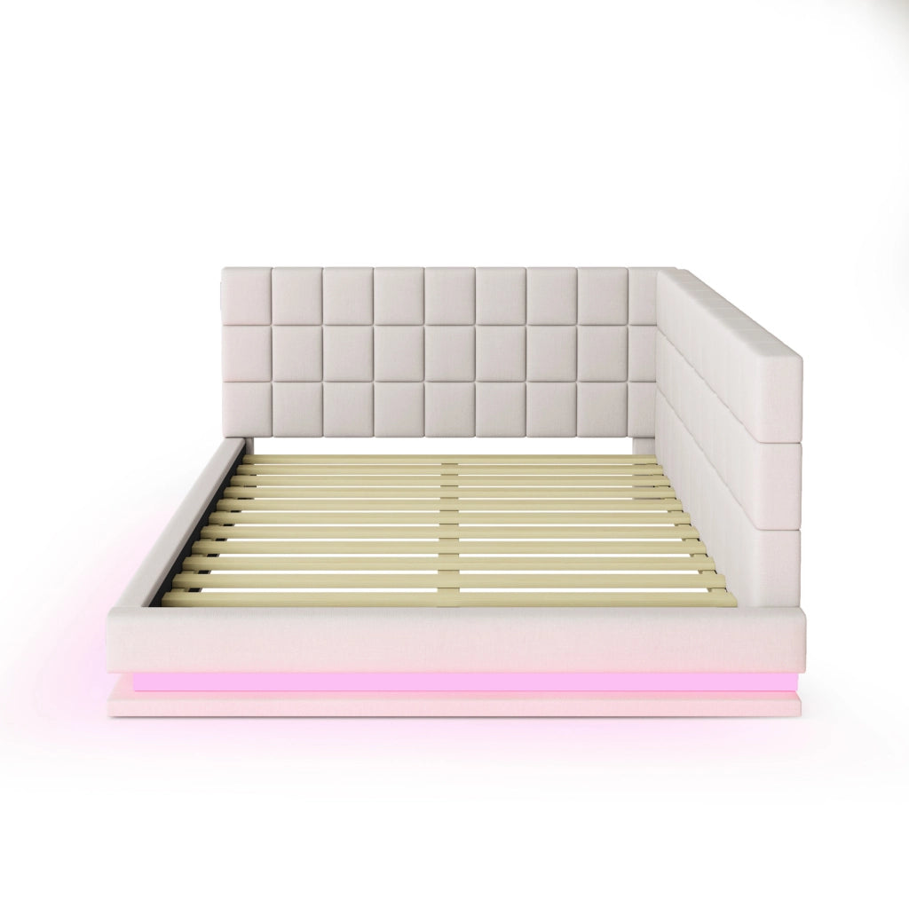 Divano letto 160x200 cm con LED e USB in lino beige