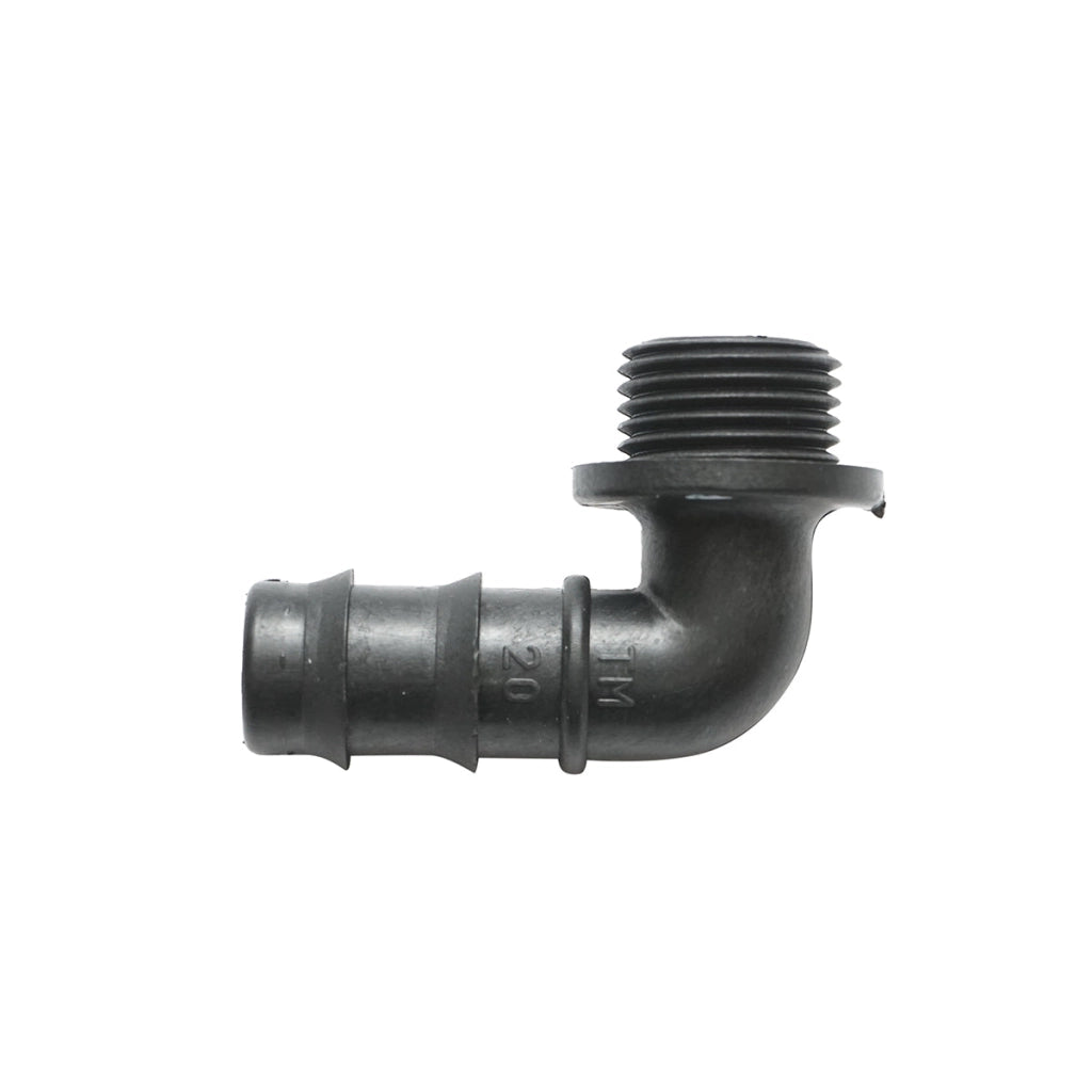 Gomito per tubo di gocciolamento con filettatura esterna D20mmx1/2 per sistemi di irrigazione