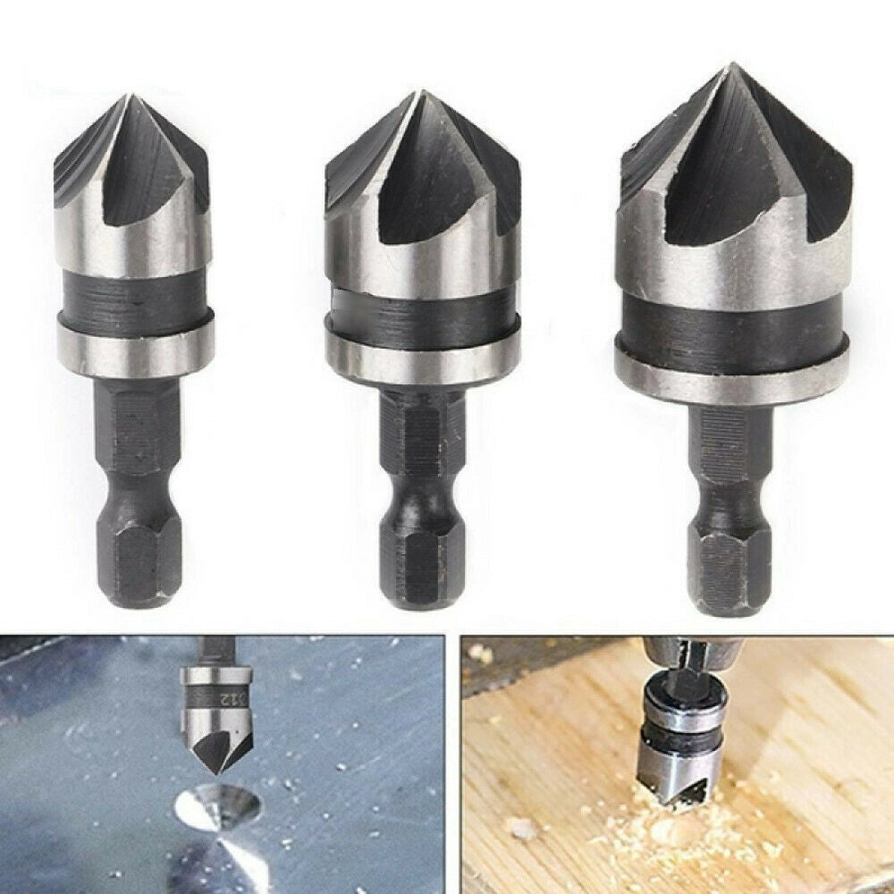 Trade Shop - 3 Pz Punta Trapano Flauto Svasatore Fresa Hss 12 16 19mm Legno Metallo Plastica -