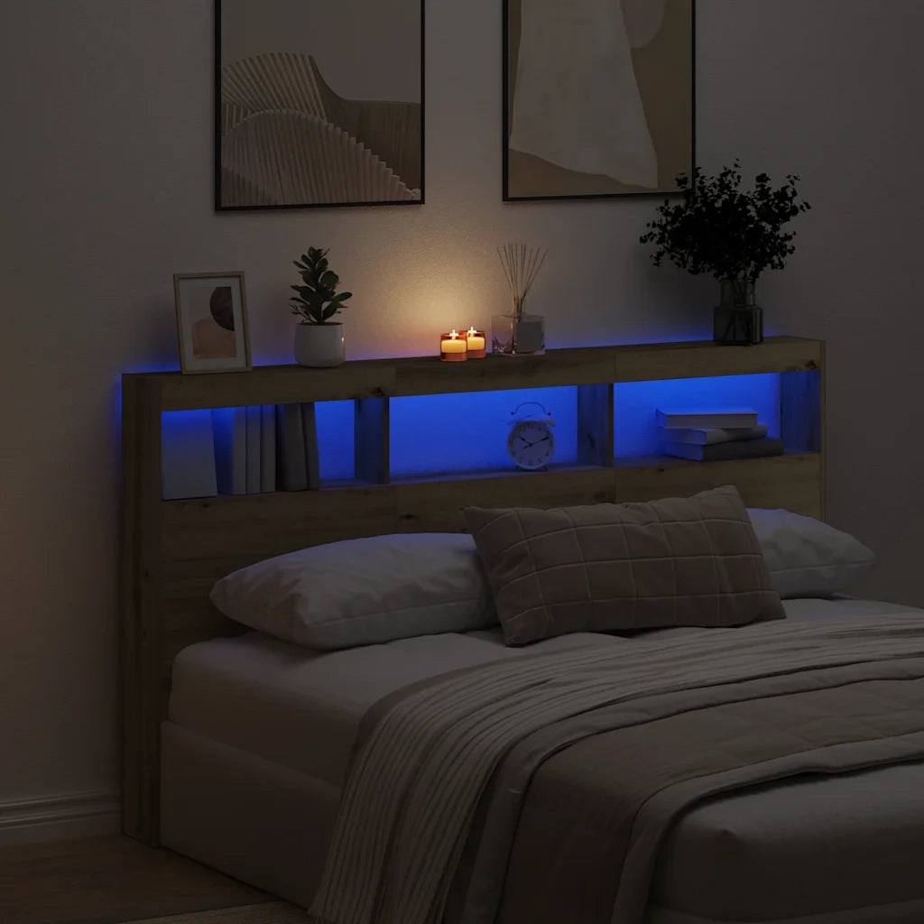 Testiera con Contenitore a LED-Testiera con Ripiani Rovere Artigianale 180x17x102 cm