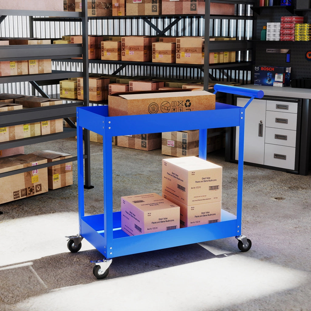 Carrello da lavoro a 2 livelli con maniglia laterale e ruote bloccabili ¨C zephmum ¨C 84.5x38x84cm blu