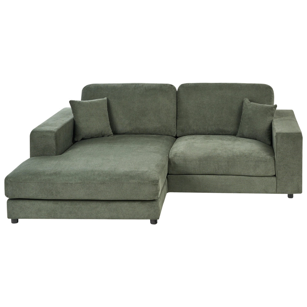 Divano angolare lato destro in Tessuto imbottito verde con Cuscini 3 posti stile moderno minimalista