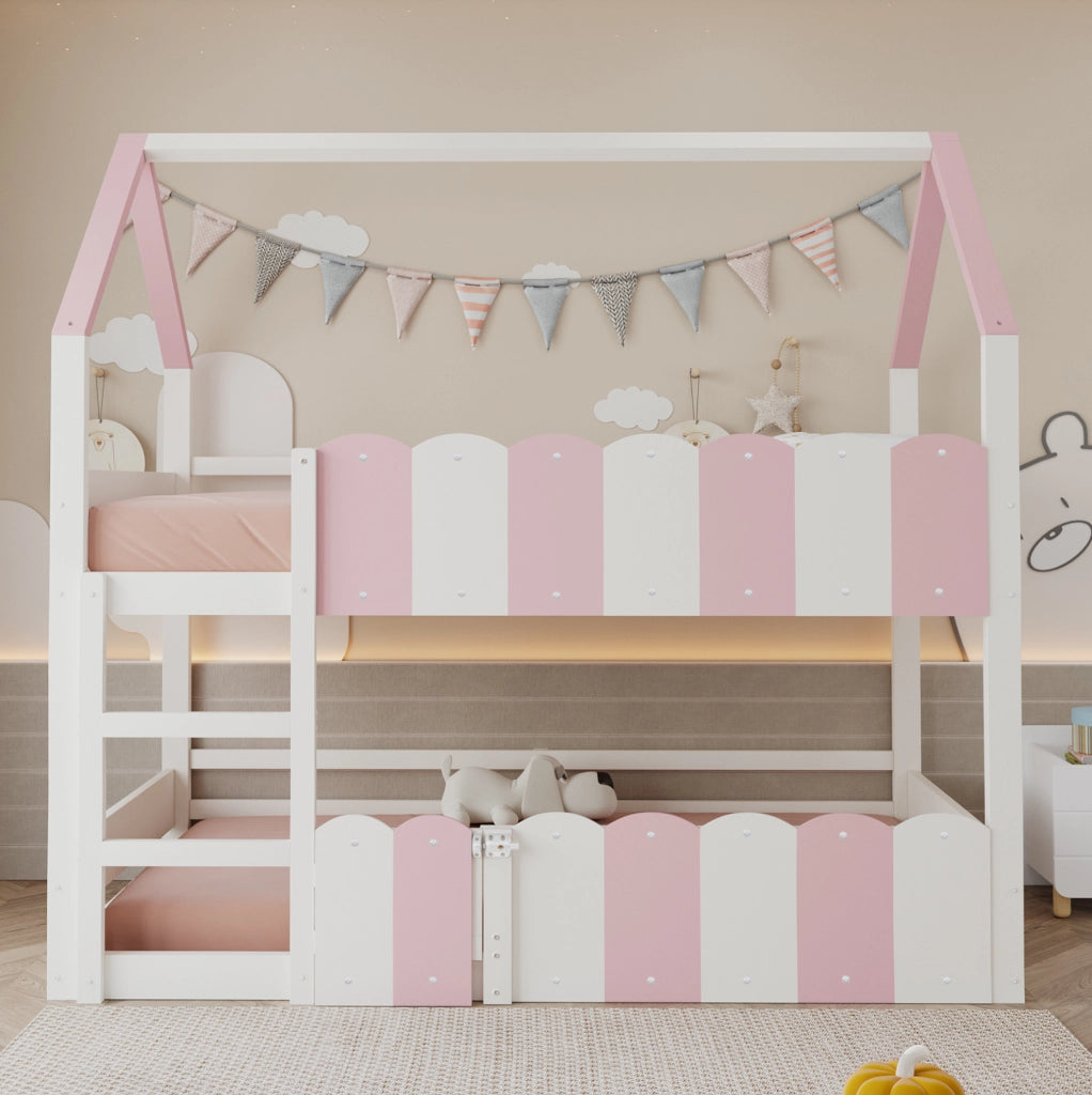 Letto a castello per bambini 90x200 cm a forma di casa rosa e bianco