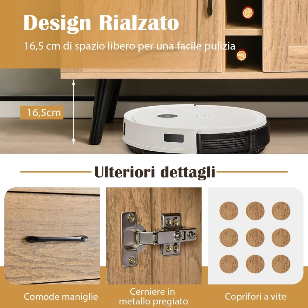 Credenza Buffet Mid Century, Cantinetta Porta bottiglie da 6 Vini, con Cassetto Estraibile e Ripiani Regolabili, Mobile Bar da Cucina e Soggiorno, 90 x 40 x 79 cm, Naturale