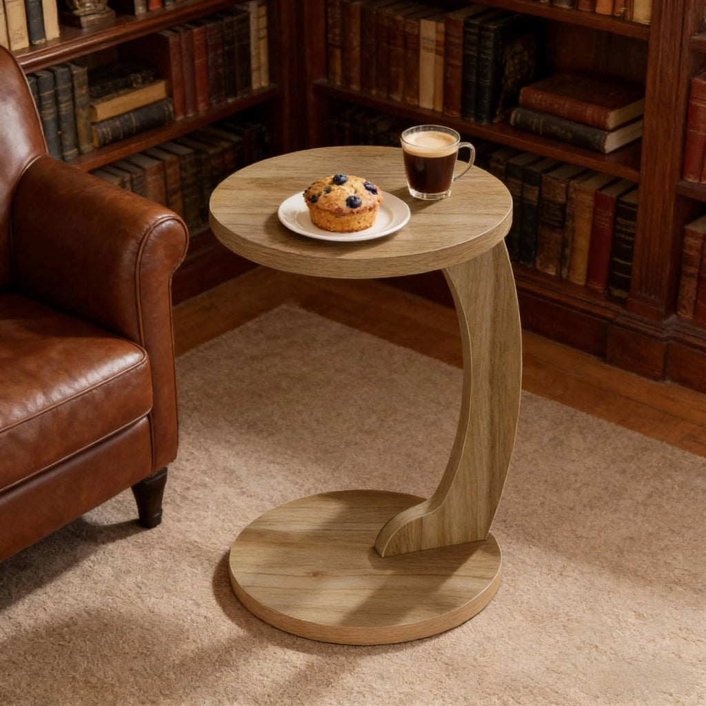 Tavolino laterale a C rotondo in MDF rovere chiaro, 38 x 55 cm