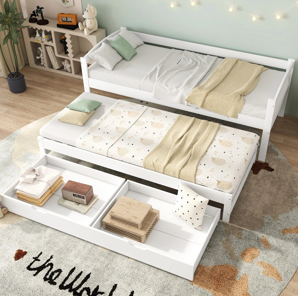 Letto estraibile con 2 cassetti in pino e MDF bianco 90x200 cm