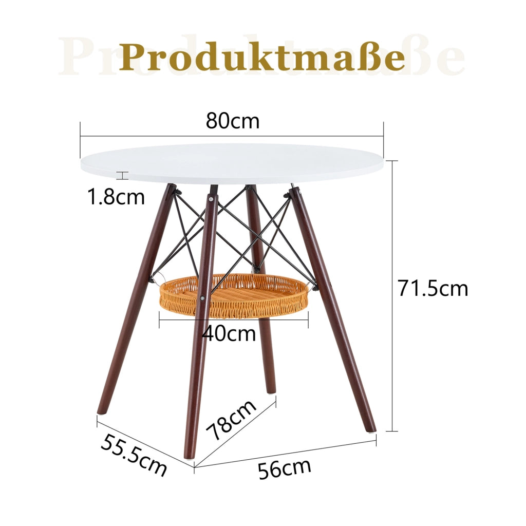 Tavolo rotondo ? 80 cm in MDF bianco e legno massello noce con cestello sospeso