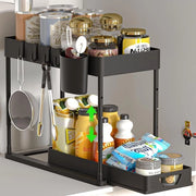 Organizzatore per cucina sotto lavandino - 2 piani - 4 ganci - contenitore estensibile - cassetto con maniglia