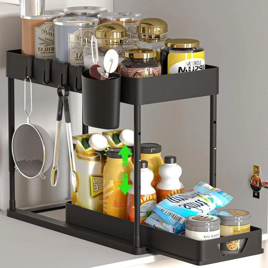 Organizzatore per cucina sotto lavandino - 2 piani - 4 ganci - contenitore estensibile - cassetto con maniglia