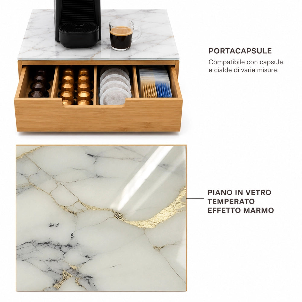 Portacapsule Piano Vetro Effetto Marmo Tortora Portacialde Organizer 31.5x30x10cm