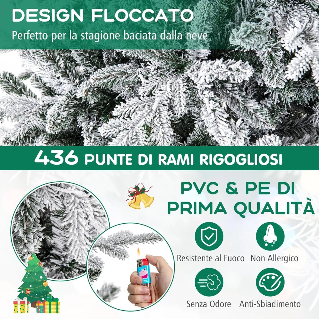 Albero di Natale Artificiale Innevato 135/186/218 CM, Albero di Natale con Cerniera e 8 Modalità luminose, 160/260/350 Luci LED Multicolori e 436/820 /1164 Punte di Ramo in PVC e PE (135 CM)
