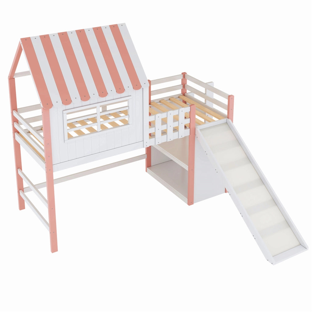 Letto a castello rosa in legno massello e MDF con scivolo e scala di sicurezza 90x200 cm