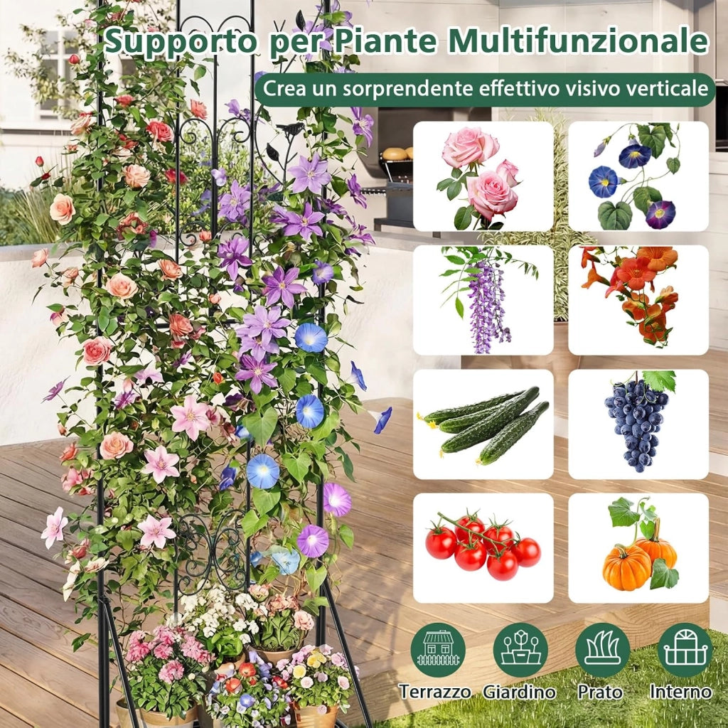 Traliccio per Rampicanti Metallo con Ripiano Pieghevole, Graticcio per Piante da Esterno, Griglia per Piante Rampicanti per Giardino, Cortile e Patio, 50 x 30 x 189,5 cm (Nero,2)