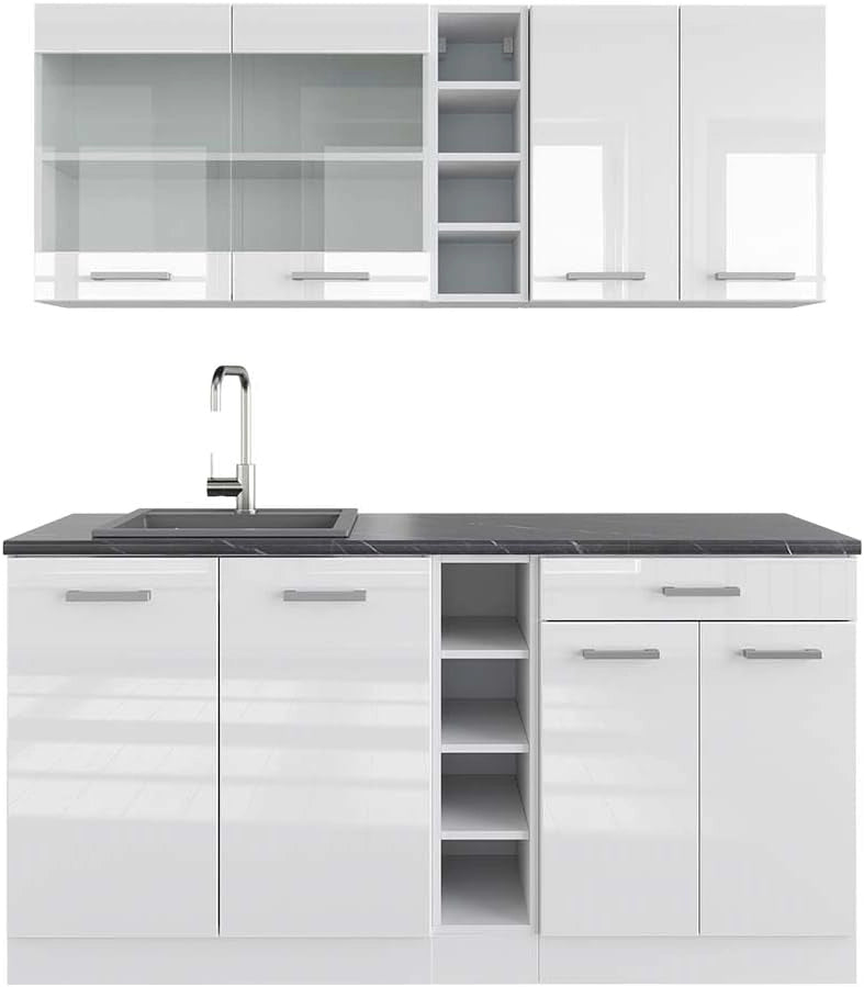 Cucina completa R-Line, Bianco lucido/bianco, 160 cm, PL Antracite, con disposizione flessibile dei moduli ed espandibile