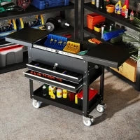 Carrello da officina, su rotelle con piano scorrevole, cassetti bloccabili, 130x38x80cm, Nero