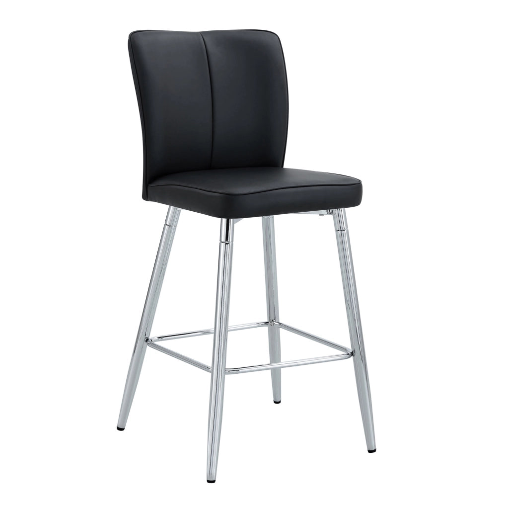 Sgabello da bar con schienale ergonomico in pelle PU nera e metallo argento
