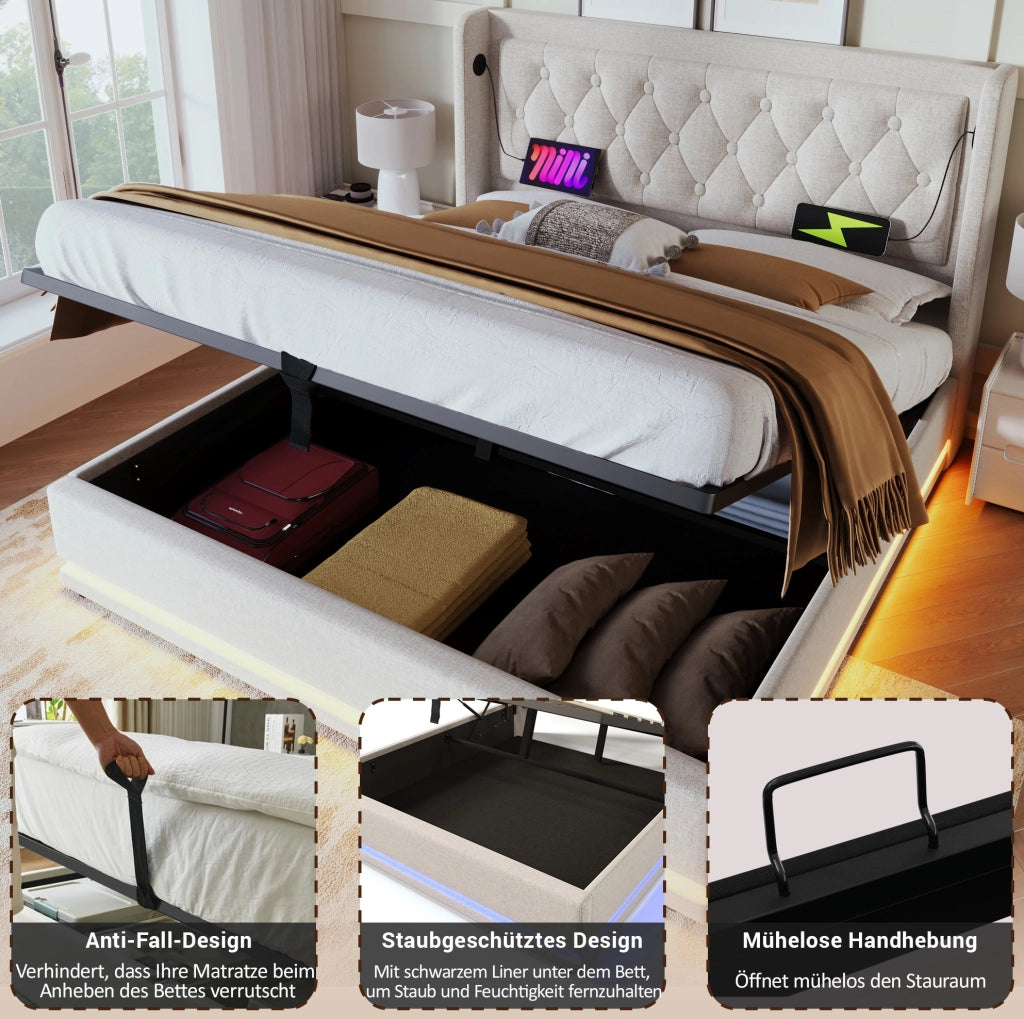 Letto con contenitore idraulico; LED; USB e Type-C