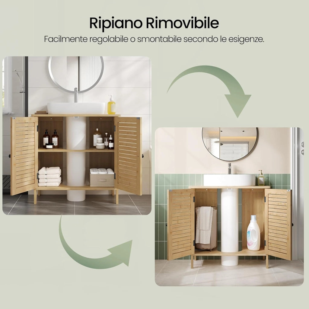 Mobile Da Bagno In Bambù, Base Con Ritaglio Per Sifone 20x23 cm, Armadio Indipendente Con Ante a Griglia e Ripiano Regolabile, 60x30x60 cm