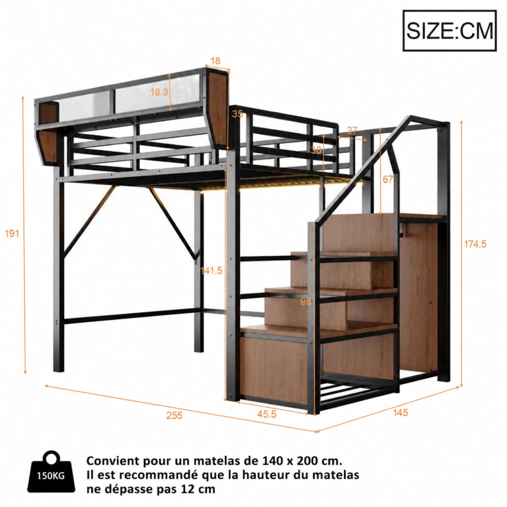 Letto a soppalco 140 × 200 cm con LED, scala di sicurezza e ripiano regolabile, senza materasso, metallo nero