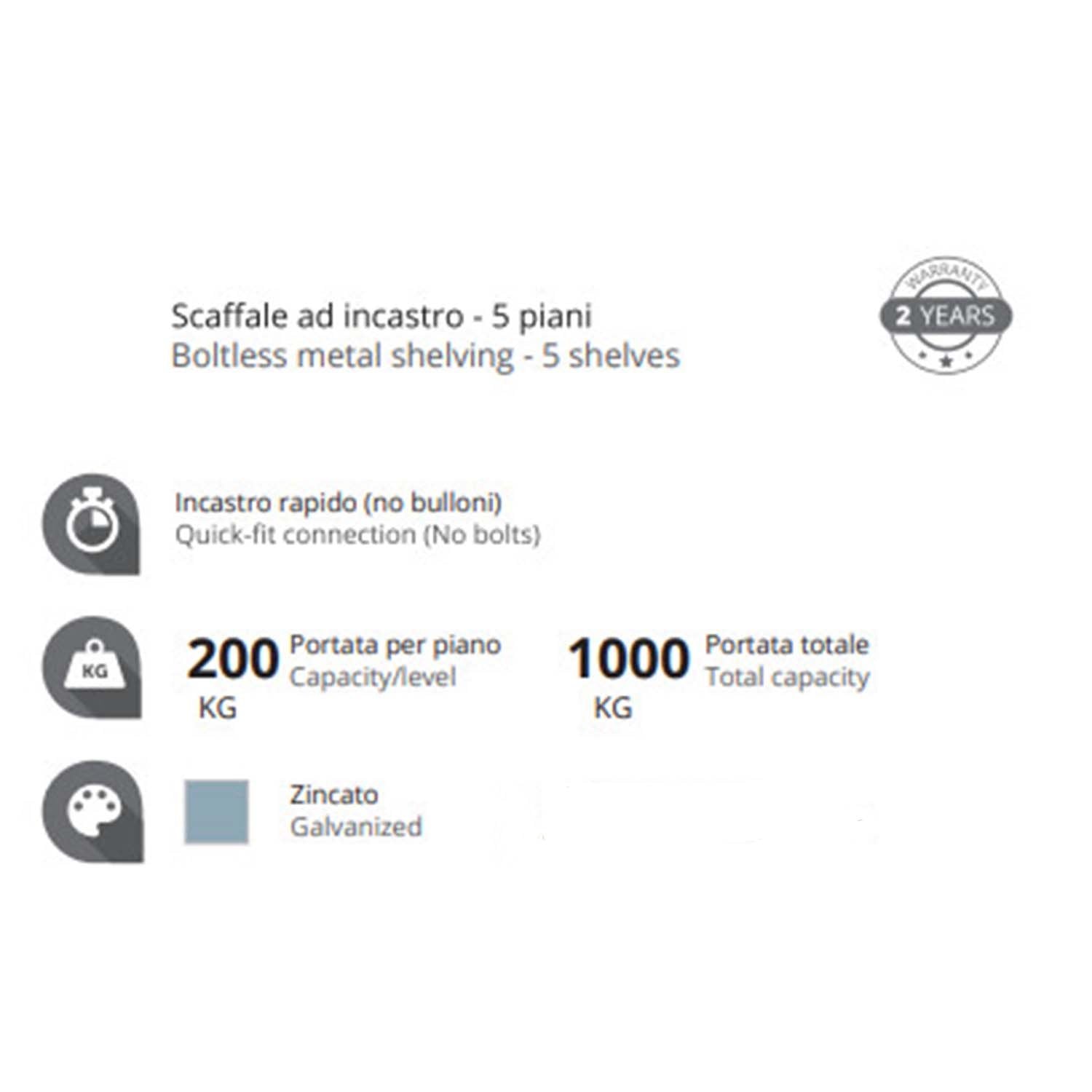 Scaffale metallico ad incastro a 5 ripiani 120x50 H 188 cm colore Zincato mod. Crosser