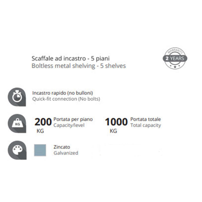 Scaffale metallico ad incastro a 5 ripiani 120x50 H 188 cm colore Zincato mod. Crosser