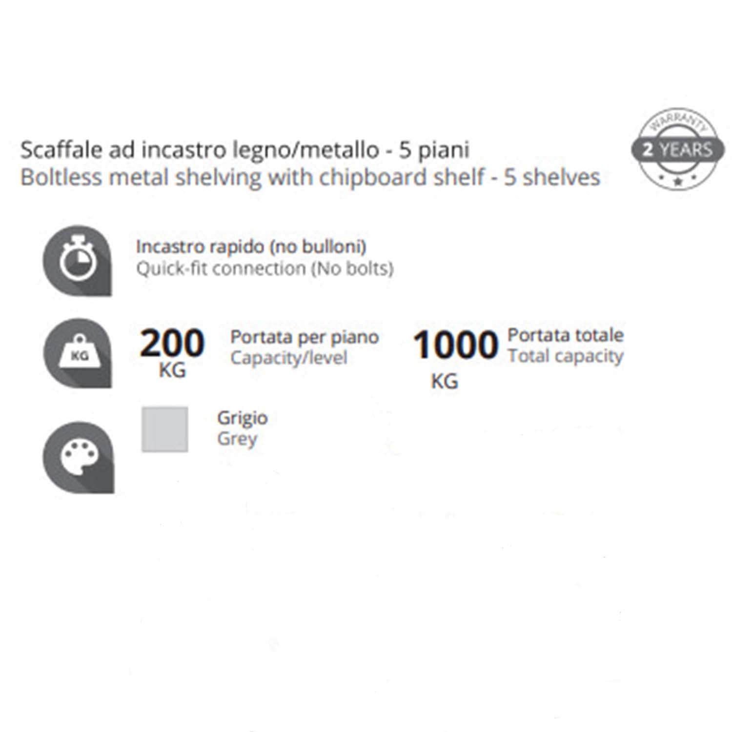 Scaffale metallico ad incastro a 5 ripiani 90x40 H 180 cm colore Grigio mod. Pokerino