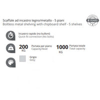 Scaffale metallico ad incastro a 5 ripiani 90x40 H 180 cm colore Grigio mod. Pokerino