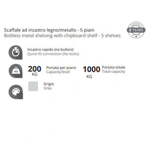 Scaffale metallico ad incastro a 5 ripiani 90x40 H 180 cm colore Grigio mod. Pokerino