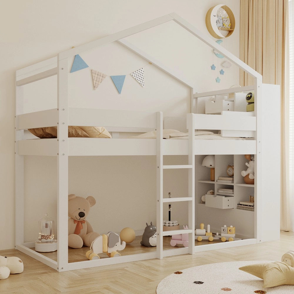 Letto a Castello in Legno di Pino con Rete a Doghe e Contenitore ¨C Xylo ¨C Bianco 90x200