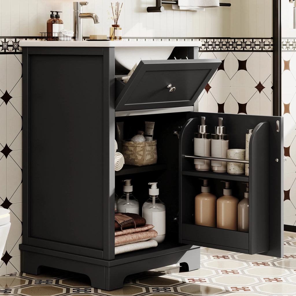 Mobile sottolavabo con lavabo integrato 1 cassetto 1 anta e ripiano regolabile in ceramica e MDF nero 51 × 46 × 87 cm