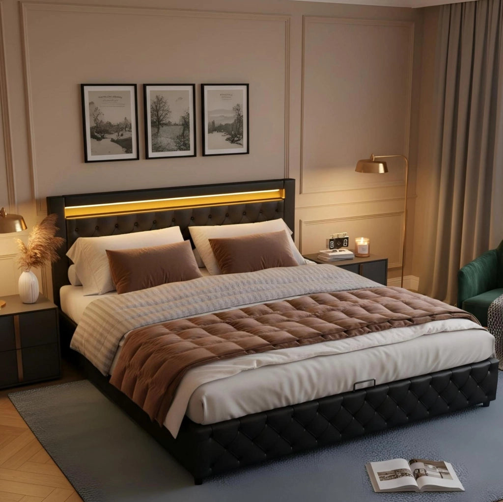 Letto matrimoniale 140x190 cm imbottito con contenitore; LED; rete a doghe; PU nero