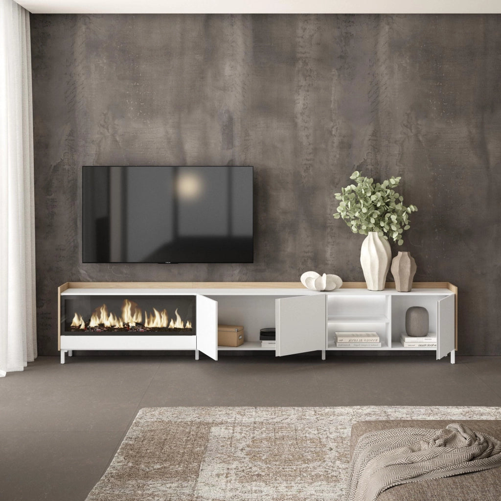 Mobile TV Soggiorno, 315x61x35 cm, Per TV fino a 80", Camino elettrico XXL, Design industriale, LED, Bianco e Rovere soft