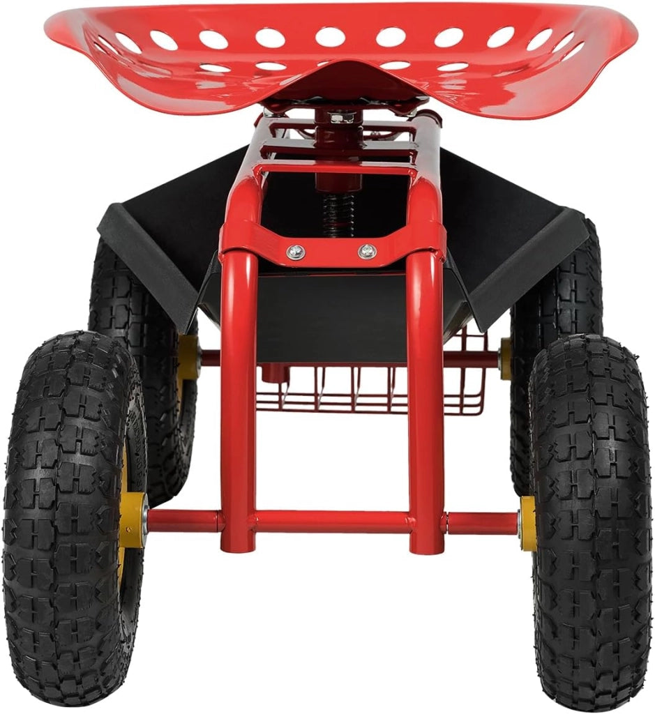 Sedia a rotelle per giardinaggio, girevole a 360° e regolabile in altezza da 46 a 53 cm, con cestino e ripiano, portata 150 kg, per giardinaggio e cura dell'auto (rosso)