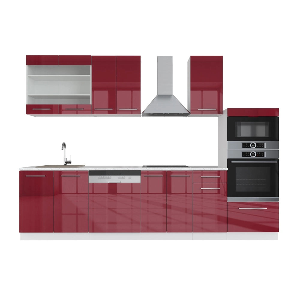 Cucina componibile Fame-Line Bordeaux lucido/Bianco 300 cm con armadio alto, PL Marmo Vicco