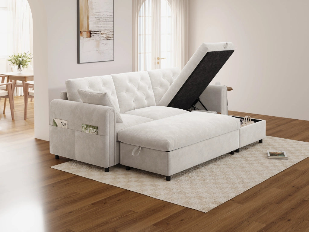 Divano angolare convertibile con chaise longue reversibile e pouf contenitore in velluto beige 219 × 131 × 86 cm