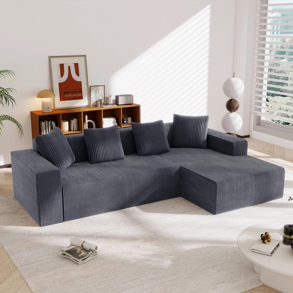 Divano modulare ad angolo con chaise longue, seduta profonda e 4 cuscini, in velluto a coste, Grigio