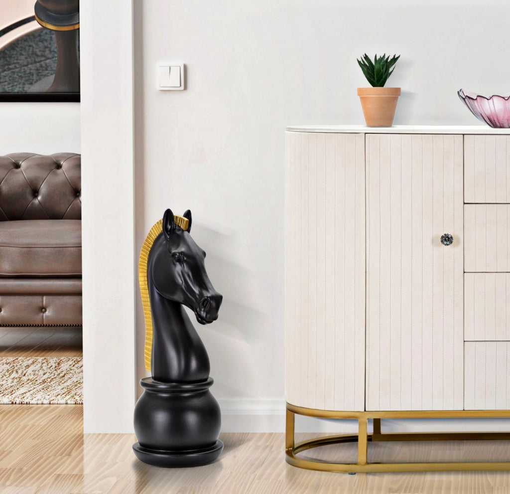 Cavallo da Scacchi 18,5x50x18,5 cm in Poliresina Nero/Oro