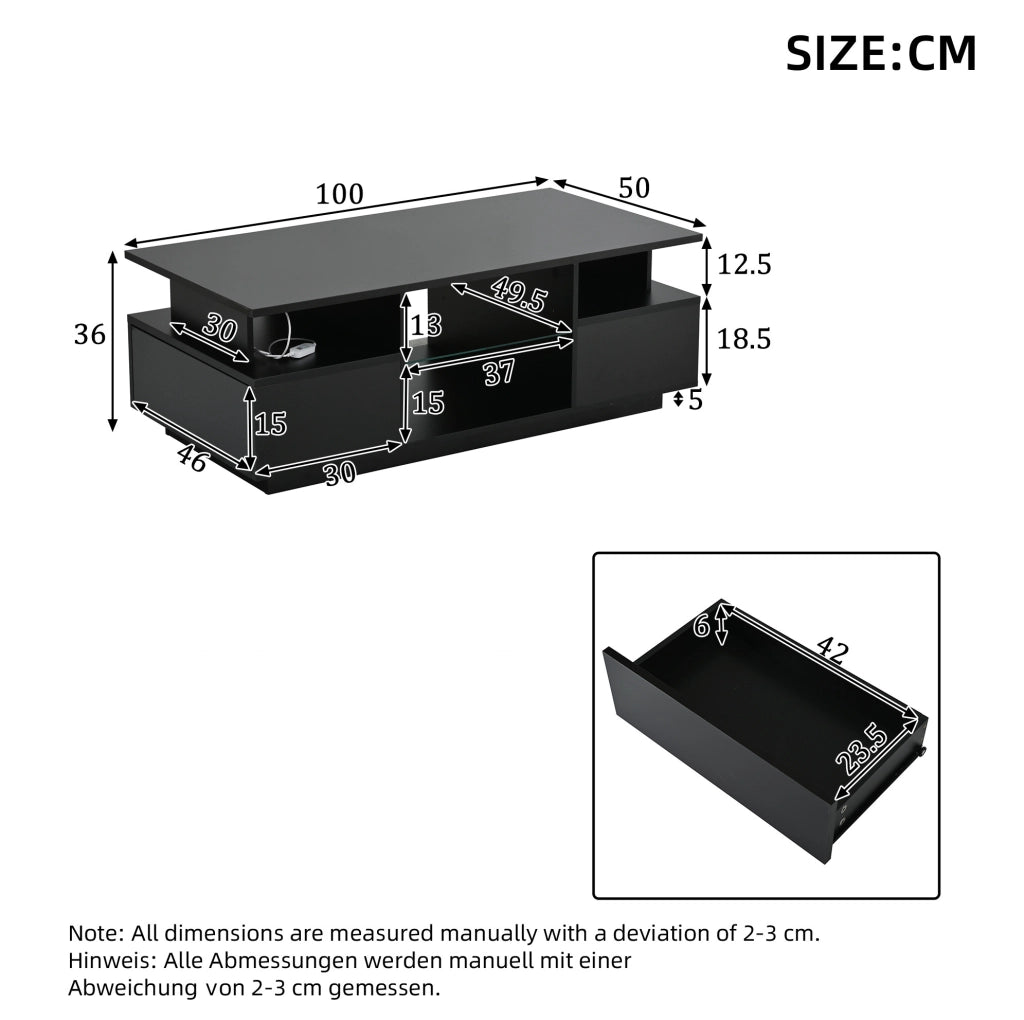 Tavolino da caffè 100x50x36 cm con 2 cassetti; LED; ripiani in vetro; nero lucido
